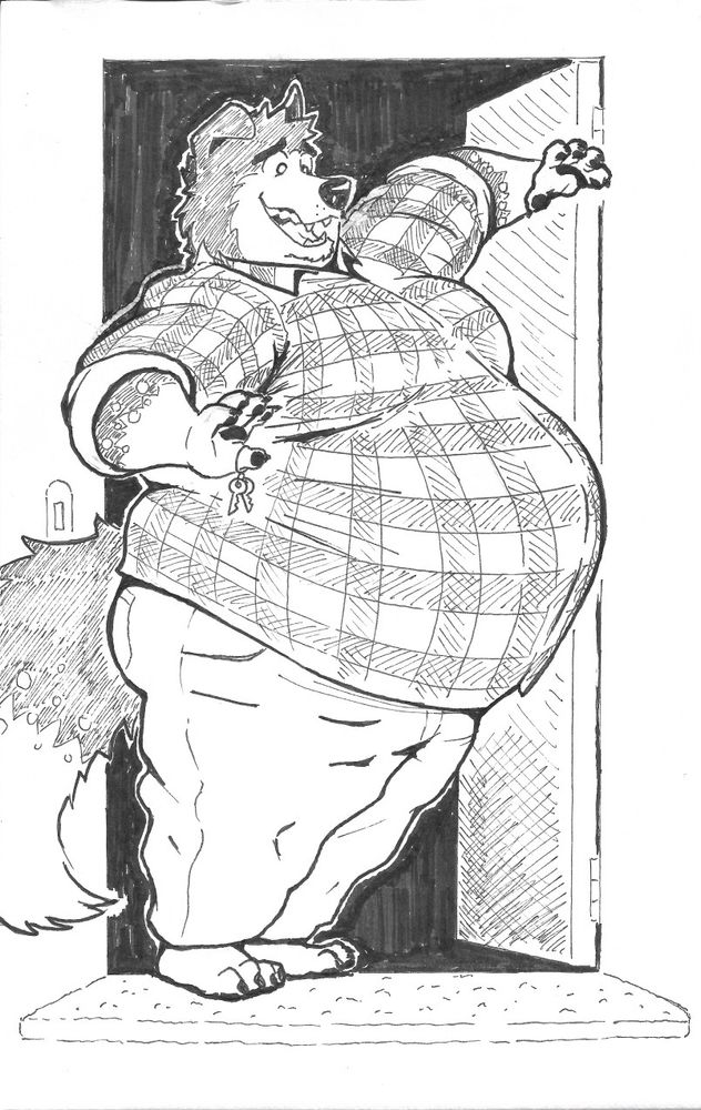 Obese Collie trying to get through a doorway with little success, keys jingling and dangling from his paw. Seems the door shrunk last he wandered through....
Art by the lovely TundraRodi