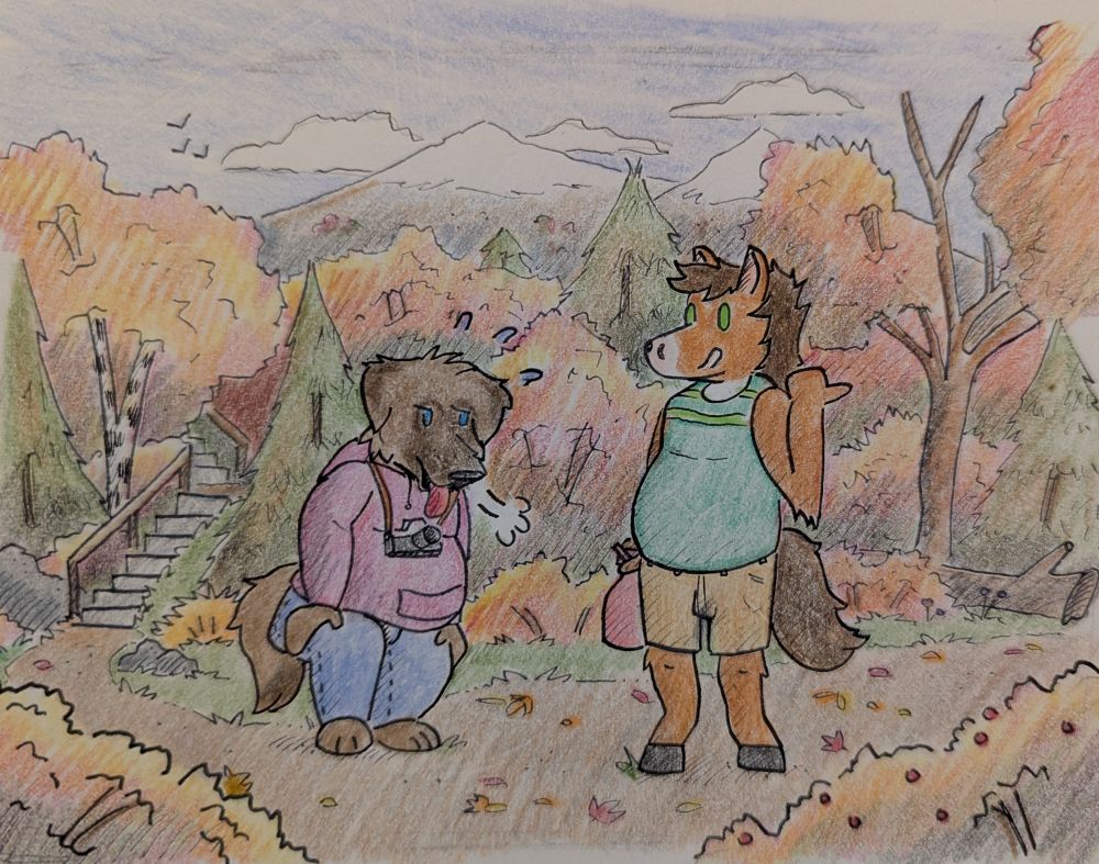 Gus, brown leonberger dog, extremely plump and out of breath is completely lost in a forest. Red, a horse, is pointing his thumb behind him in the direction of the parking lot. The dog needs some good grub to recoup some energy...
