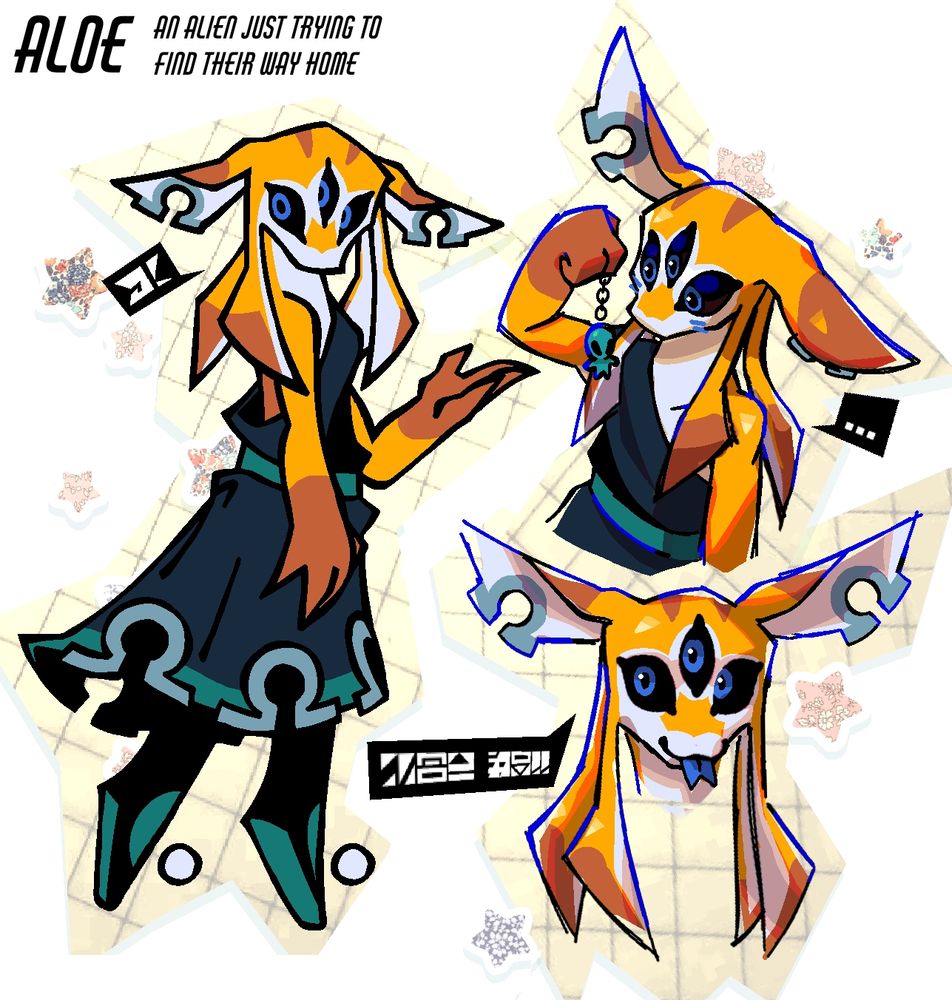 A funky little three-eyed alien with Ω-shaped earpieces and clothing adornments.