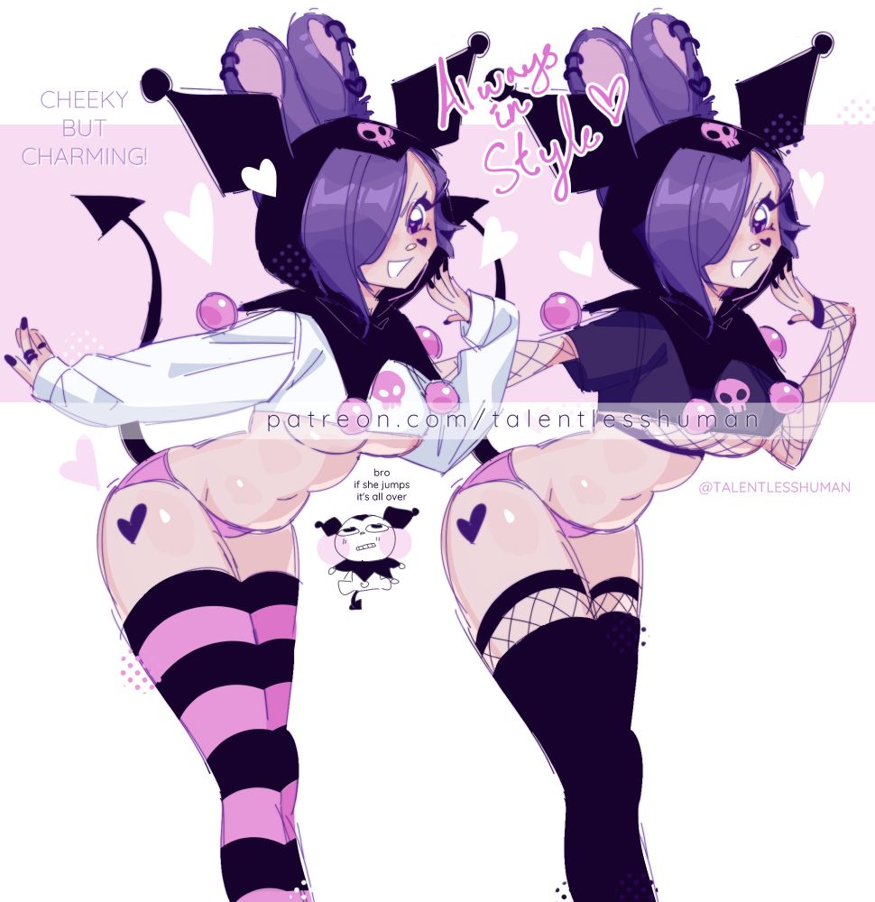 #fanart #drawing of my #vtuber #sona dressed up in a #kuromi #cosplay . it is a suggestive outfit. 

#talentlessart #tallery #sanrio #bunnygirl