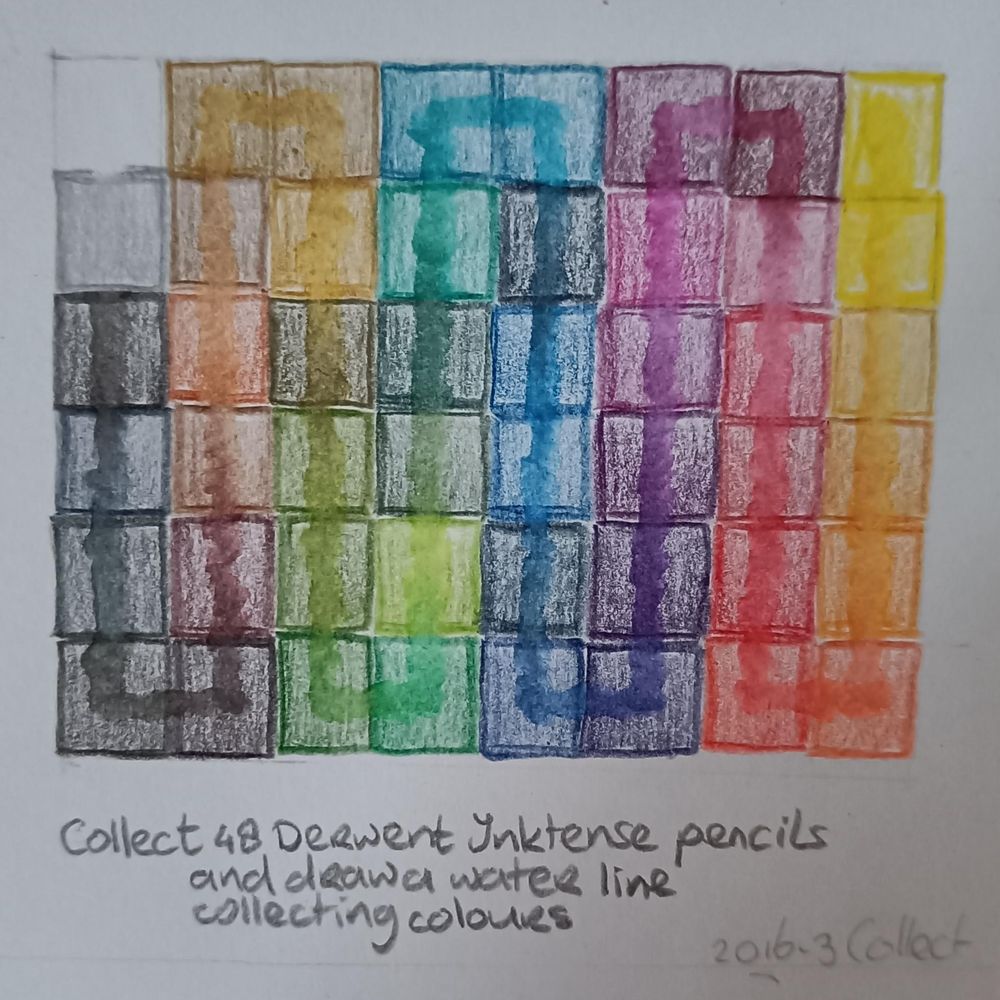 Prompt "Collect". 6 rows, 8 columns of all the colours in my Derwent Inktense box. Pulled the nr.2 waterpencil through the middle of each square without lifting to show the order of pencils and the change in colour when wet.