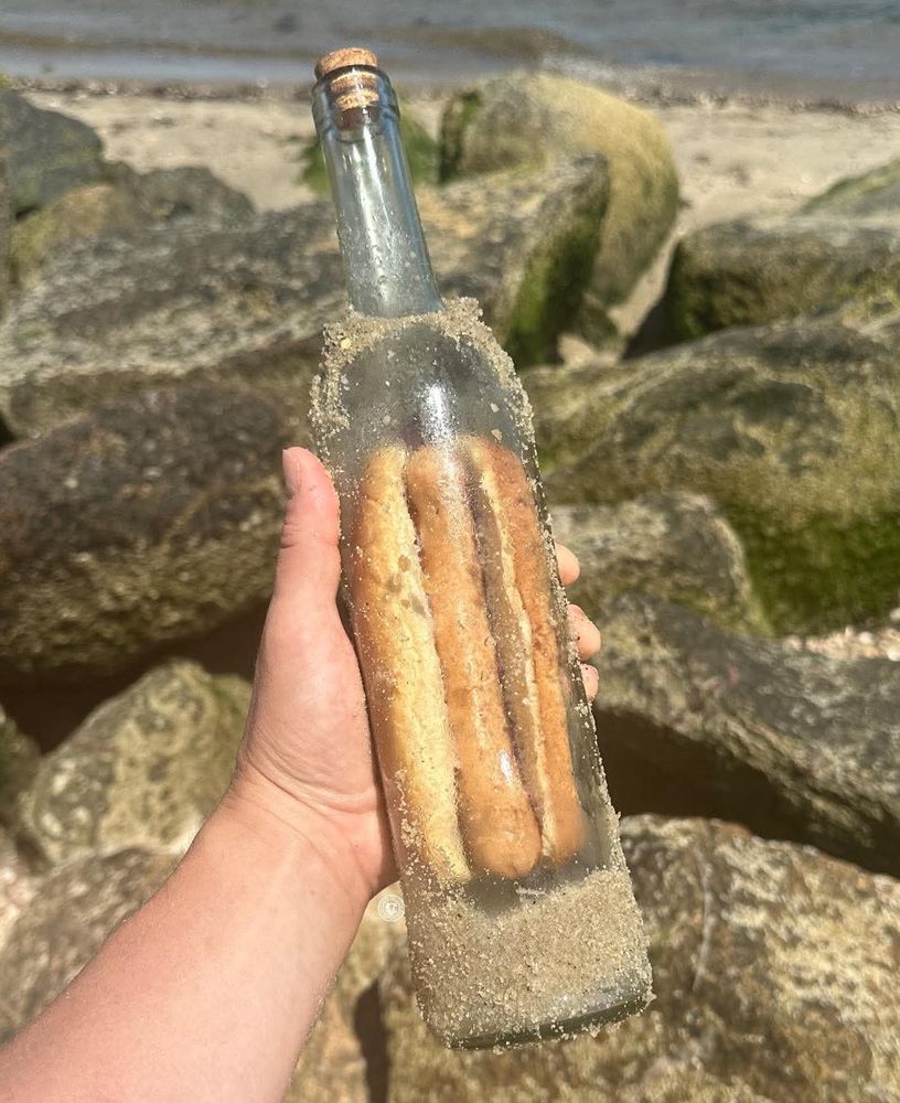 A picture of someone holding a bottle at the seashore with a hotdog in a bun inside.