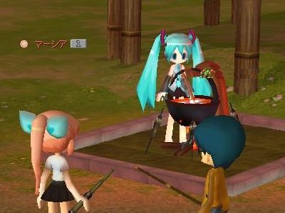 screenshot of Turi Paradise from a fan blog, showing a male and female avatar in a 3D world watching a player with a Miku avatar cook
https://cuculus.exblog.jp/7885486/