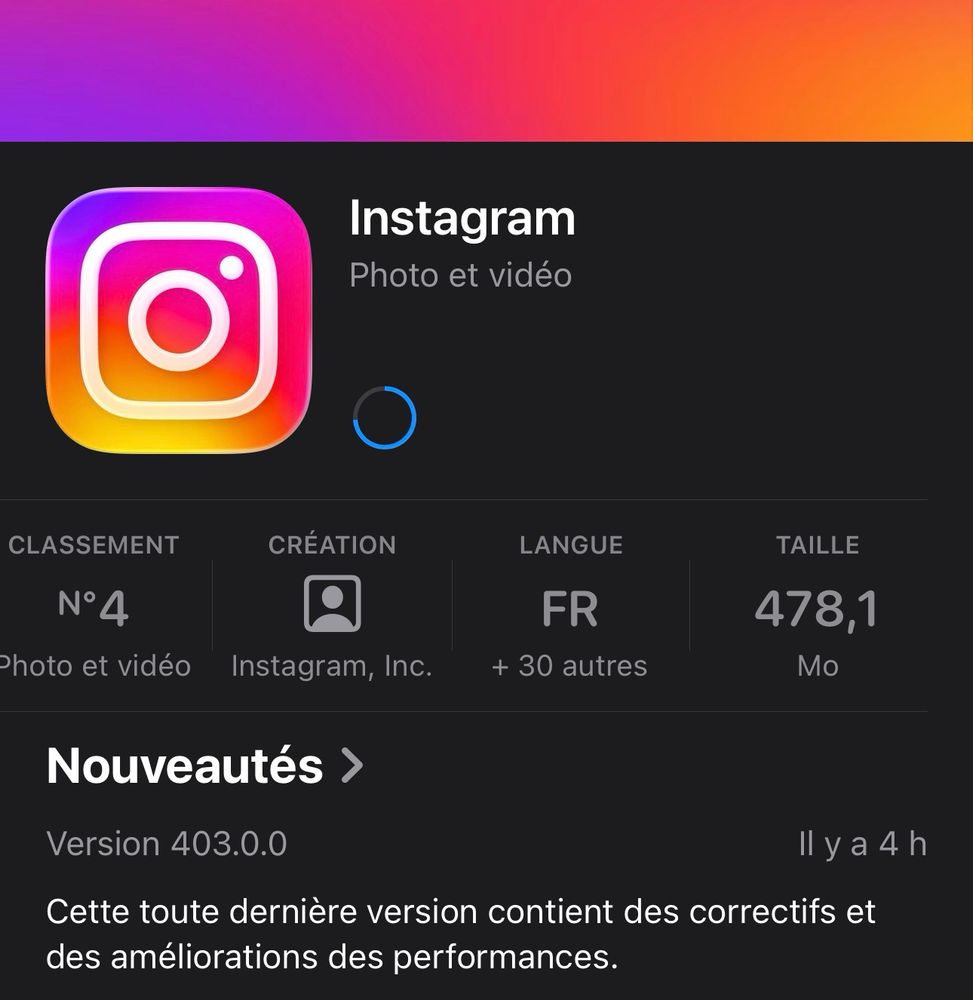 Instagram App Store page showing 468,1 Mo package