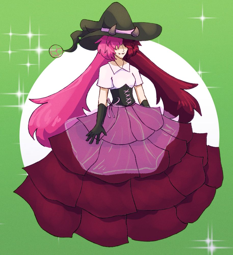 A witch in a ruffly dress with hair that covers her eyes and a classic large witch hat. 