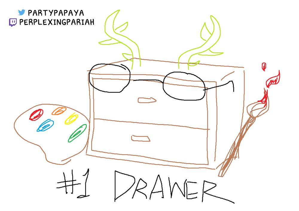 A drawer (furniture) holding a palette and paintbrush with glasses and green horns with the label "#1 DRAWER" at the bottom. The image in general is poorly drawn. 