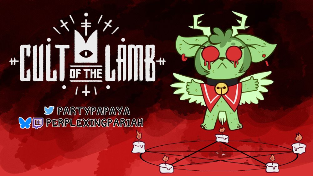 Green peryton floating above a pentagram, similar to the iconic image of the video game Cult of the Lamb. 