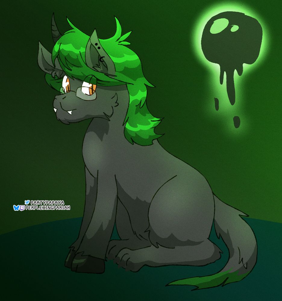 A werewolf/unicorn hybrid sitting down with a green mane and gray body
