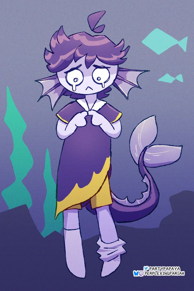 Purple tinged fish person crying because they're very shy