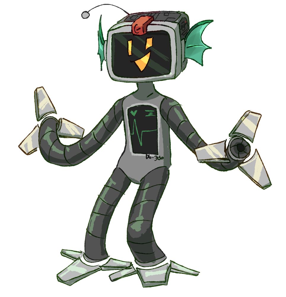 A robot with fin ears with a heart monitor screen on their torso and a screen for a head