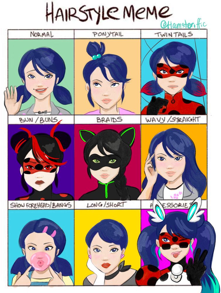 Marinette as her regular self, with a short ponytail, as Ladybug, Shadybug, Ladynoire, with her hair down, with her hair pinned up, a pixie cut, penny bug