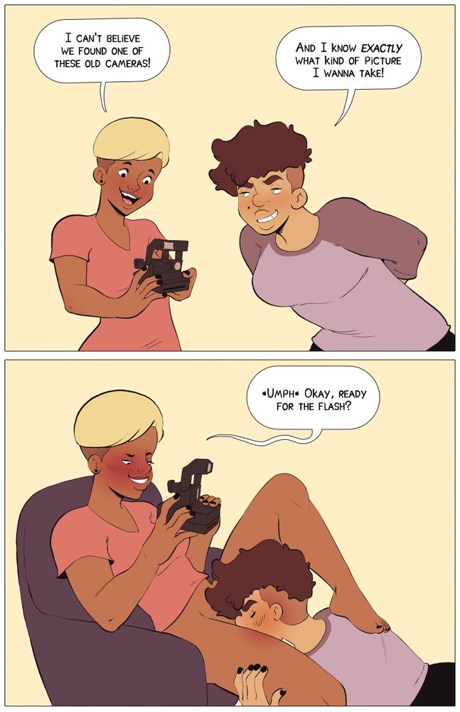 A comic page with two women getting their hands on an old polaroid camera and using it to take pictures on one eating out the other.