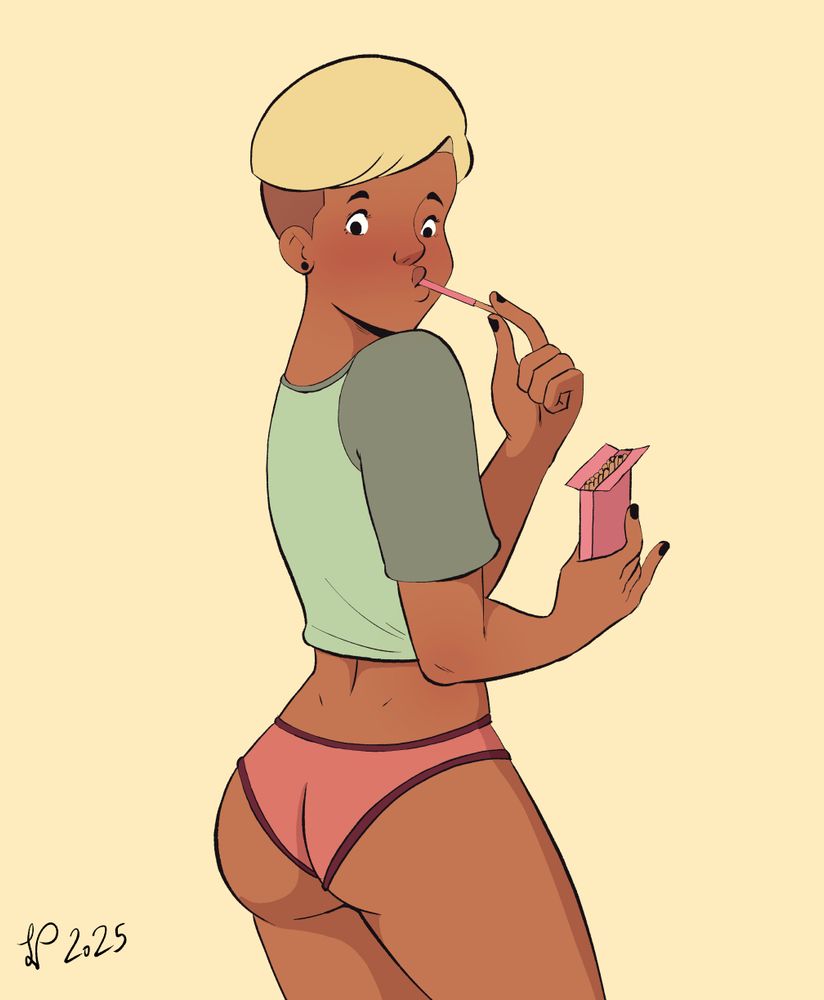A woman in her underwear eating pocky