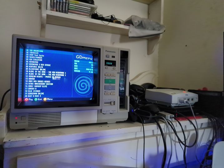 Panasonic AG-500R CRT monitor showcasing the GDMenu of the Sega Dreamcast compatible optical emulation drive; GDEMU.