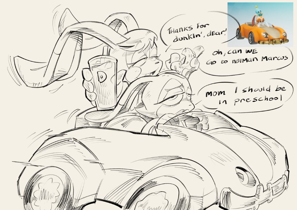 A burnt-out Cream the Rabbit driving her mother Vanilla around town