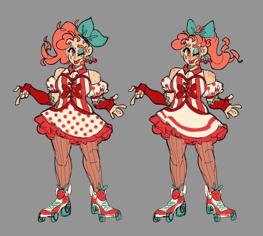 Two drawings of a pale woman in a 50's inspired outfit. The left design has a prominent polkadot pattern and the right has stripes 