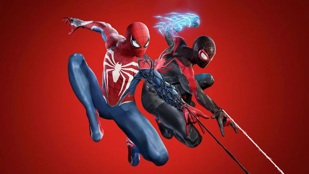 Peter Parker and Miles Morales swinging in Marvel's Spider-Man