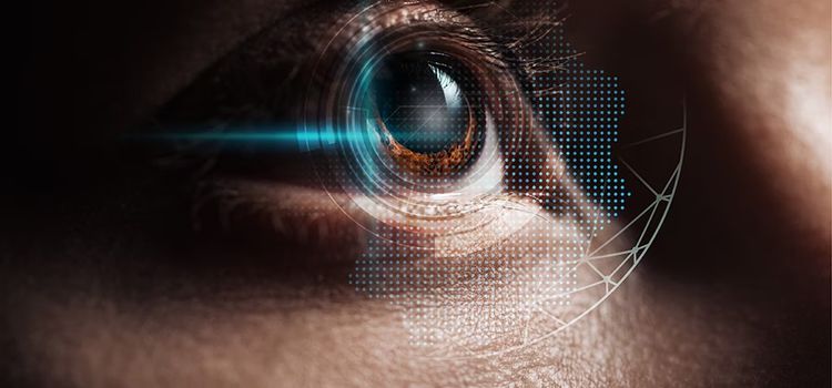 Close-up of a human eye with a digital overlay.