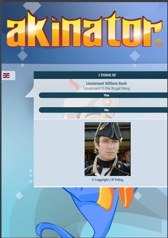 Screenshot from Akinator, correctly guessing "I think of Lieutenant William Bush, lieutenant in the Royal Navy"