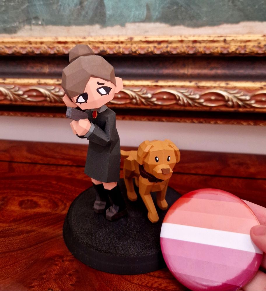 Rule of Rose low-poly statue of Jennifer and Brown with my lesbian flag pin