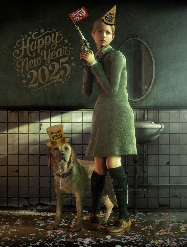 An edit of the official Jennifer and Brown wallpaper render from Rule of Rose, but as if they were having a small party: they wear New Year's hats, the room is full of confetti and a giant "Happy New Year 2025" is written in the background.