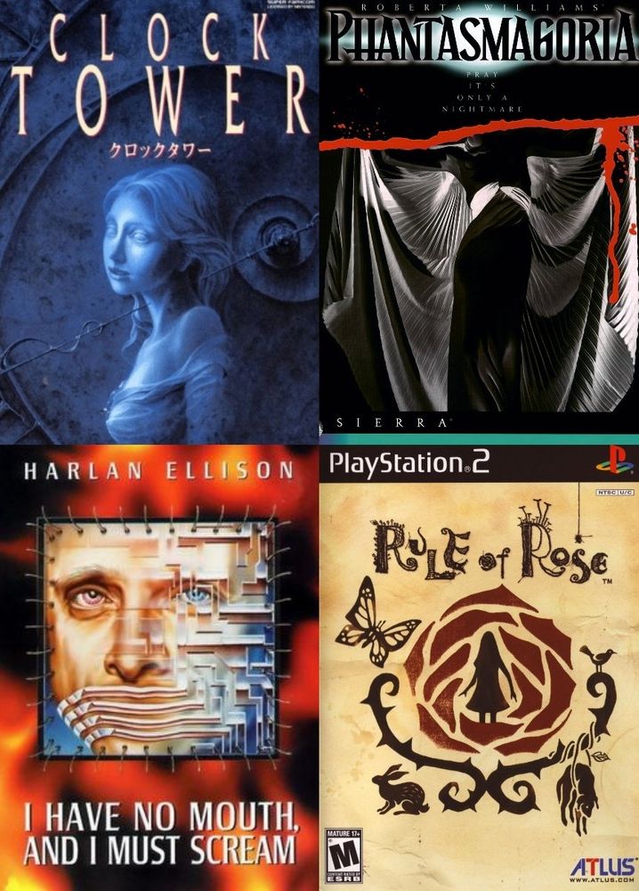 Cover art of:
- Clock Tower (Snes);
- Phantasmagoria;
- I Have No Mouth and I Must Scream (the game);
- Rule of Rose.