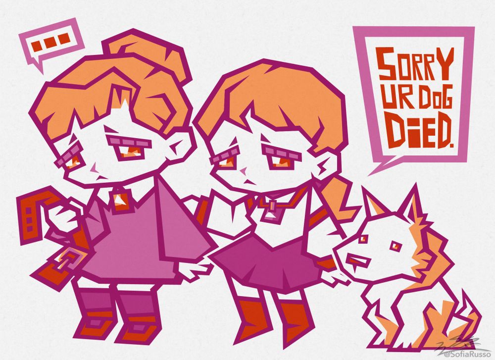 Chibi low poly doodle art of Jennifer (Rule of Rose) sad holding a dog collar while Fiona and Hewie (from Haunting Ground) comfort her, saying "Sorry ur dog died.