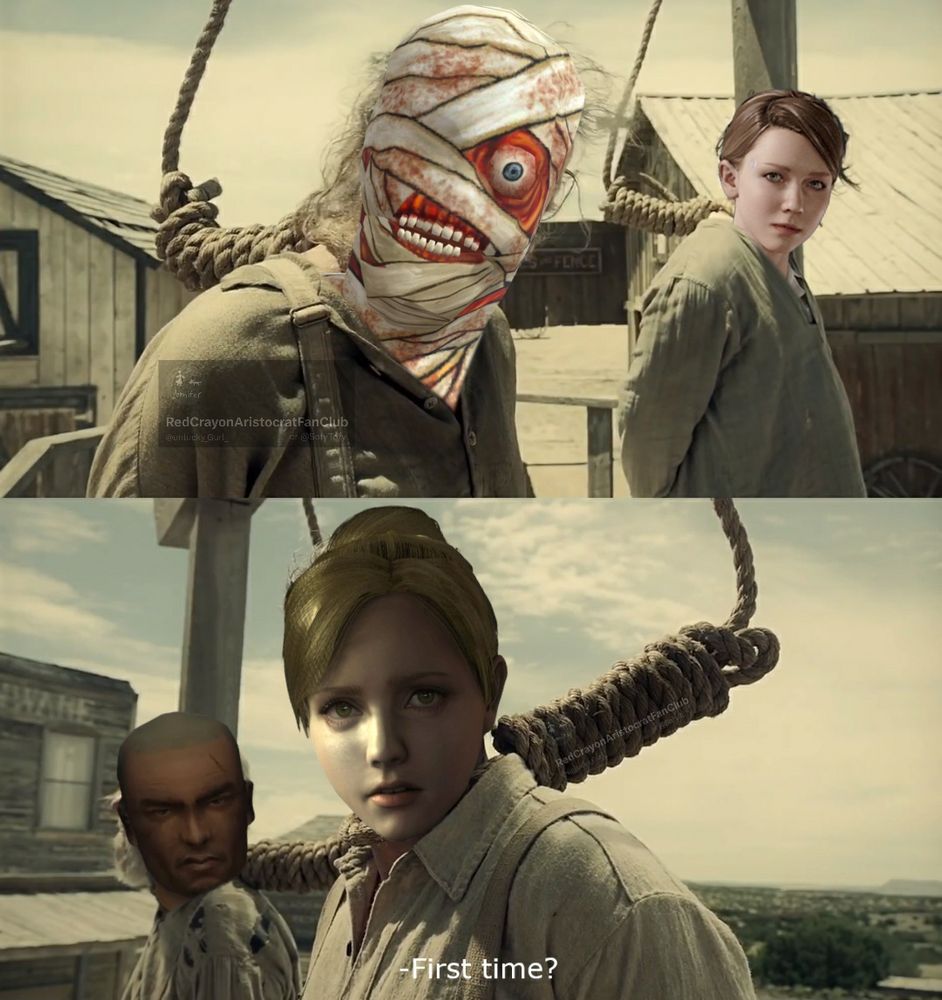 "First Time?" Meme with Curly from Mouthwashing, Kara from Detroit: Become Human, Jennifer from Rule of Rose (saying that quote) and James from Manhunt.