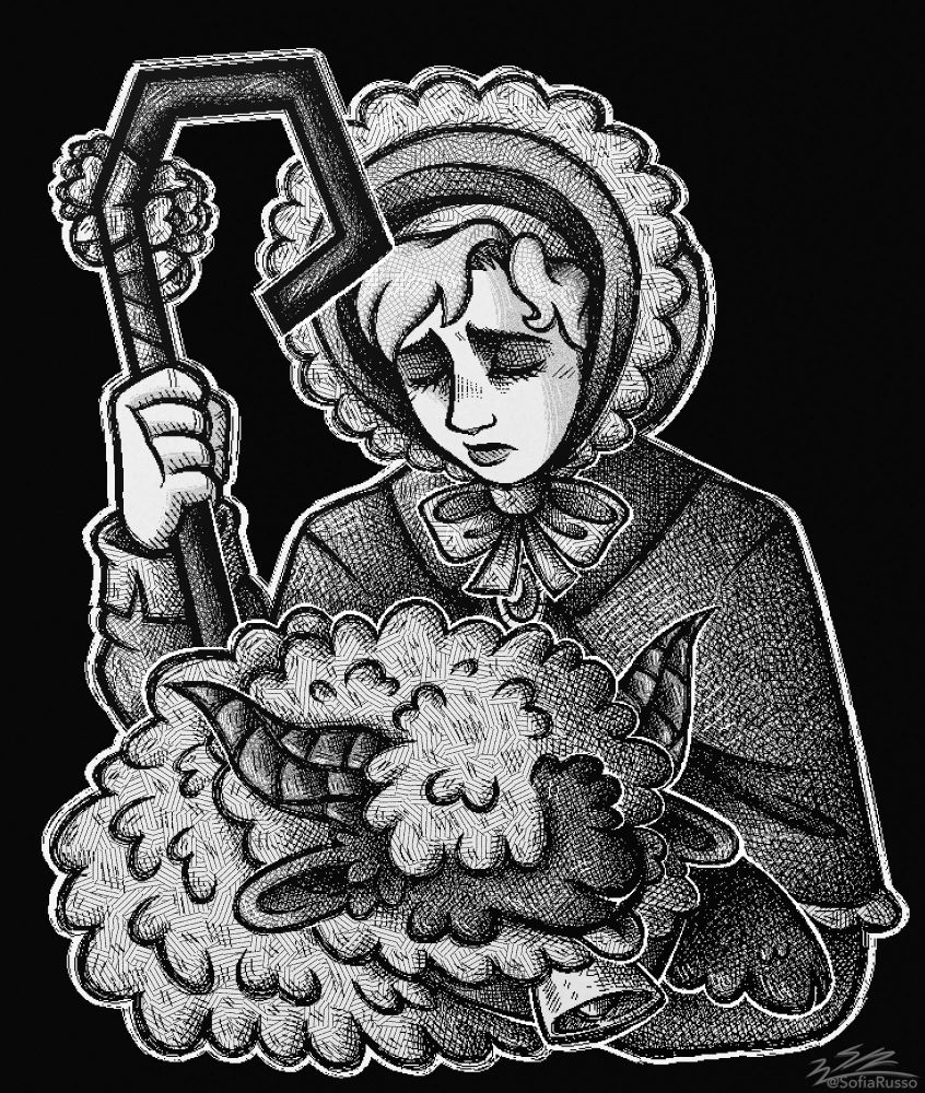 Digital ink artwork based on my fanmade outfit for the game Rule of Rose, aka Jennifer in a Lil Bo Peep / Shepherd outfit caring for Sheep Brown.
