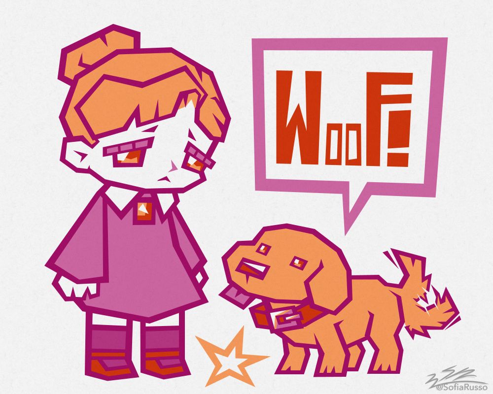 Low Poly chibi doodle of Jennifer and Brown from Rule of Rose (drawing which used the Lesbian flag palette for it colors)
