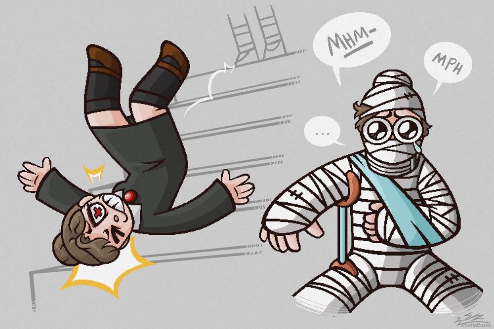 Doodle of Jennifer, from Rule of Rose, falling down the stairs and being fully bandaged in a funny way.