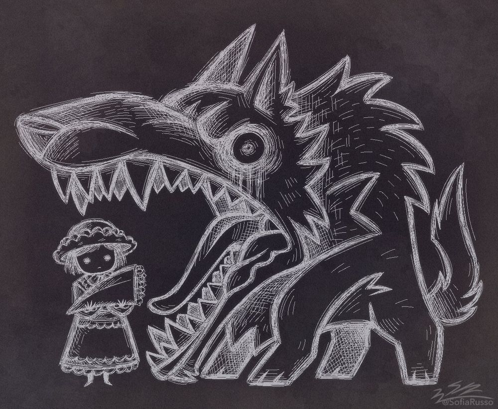 Artwork study of the storybook art style from the game Rule of Rose, showing the red-dressed princess Wendy with stray dog.