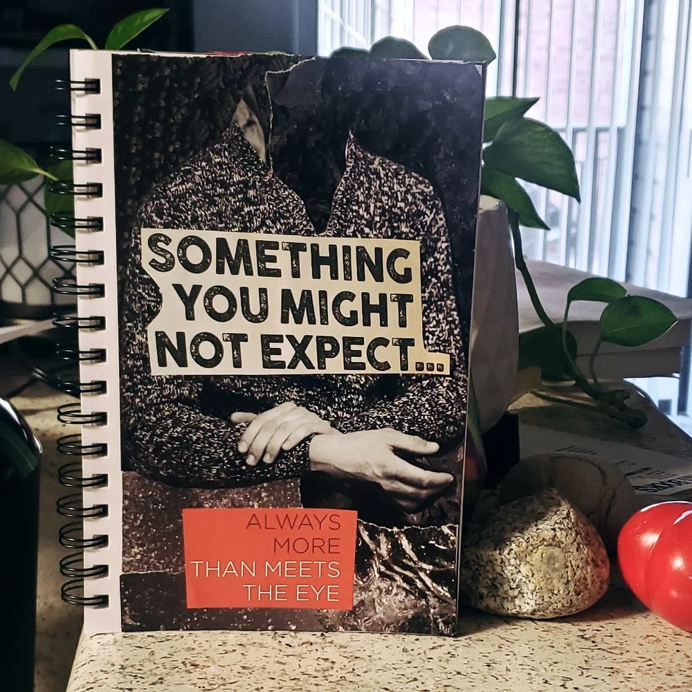 A collage of grays with a headless figure in a sweater and the text "something you might not expect..." with cream background and "always more than meets the eye" with orange background 