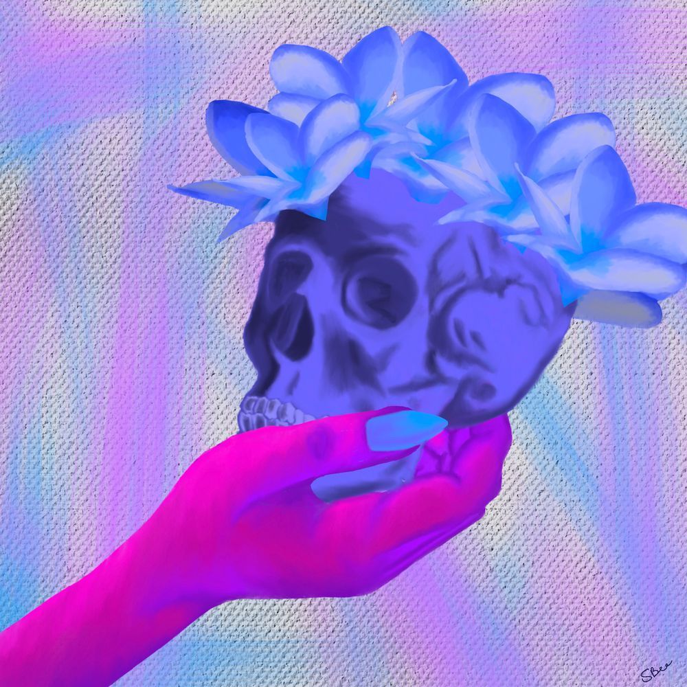 A pink hand holding a blue skull wearing a crown of plumerias 
