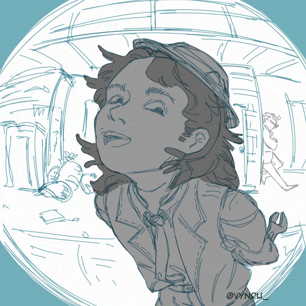 digital art sketch of a mafia individual smiling at the fisheye lens of a door peephole, innocently asking to be let in. "THE GARBAGEMAN" is waiting in the background