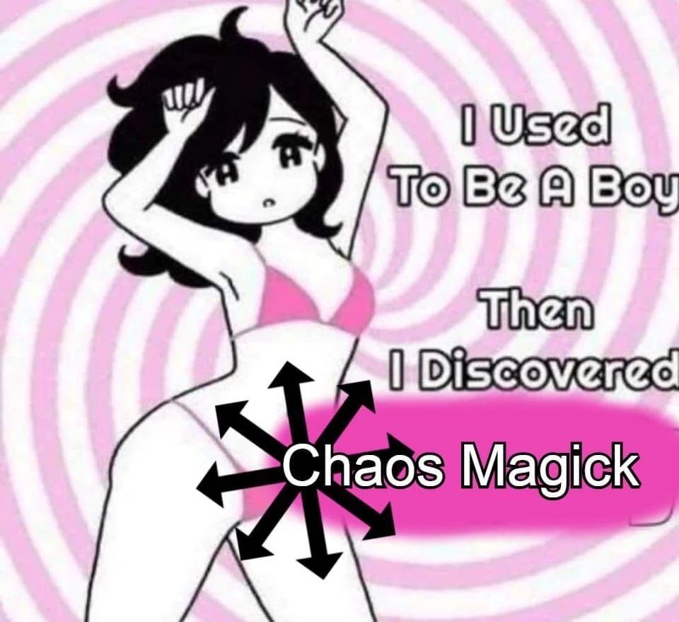 meme image of a black and white girl wearing a pink bikini over a pink spiraled background. the text reads "i used to be a boy then i discovered chaos magick"