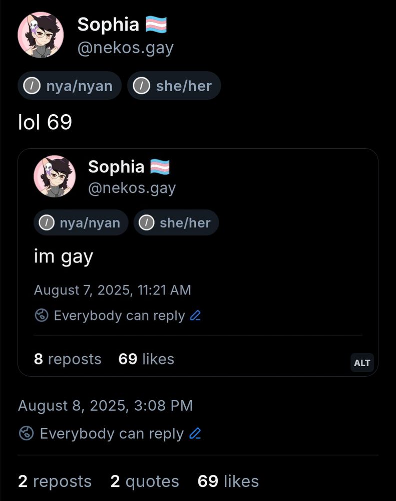 post by nekos.gay saying "lol 69" with 69 likes while reposting a post by nekos.gay saying "im gay" with 69 likes