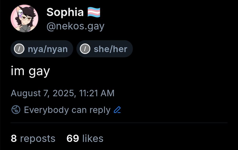 post by nekos.gay saying "im gay" with 8 reposts and 69 likes