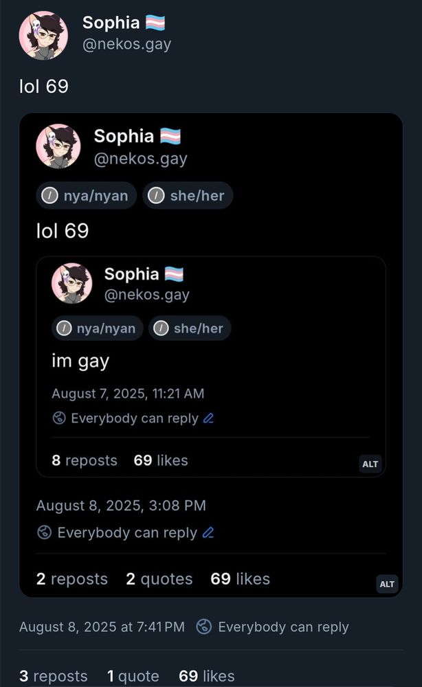post by nekos.gay saying "lol 69" with 69 likes to a post by nekos.gay saying "lol 69" with 69 likes to a post by nekos.gay saying "im gay" with 69 likes
