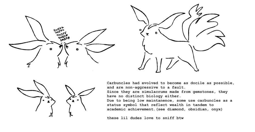 carbuncles from ffxiv. the written description as follows:

'Carbuncles had evolved to become as docile as possible, 
and are non-aggressive to a fault. 
Since they are simulacrums made from gemstones, they 
have no distinct biology either.
Due to being low maintanence, some use carbuncles as a 
status symbol that reflect wealth in tandem to 
academic achievement.(see diamond, obsidian, onyx)'

'these lil dudes love to sniff btw'