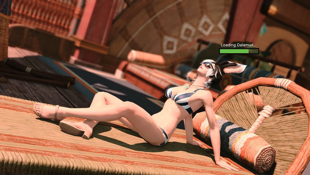 Vanilla Arriana relaxing in the sun, unaware of the loading bar floating above her head. It says "Dalamud Loading..."
