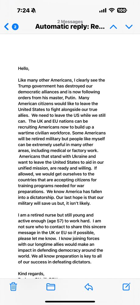 Americans are willing to help UK & EU nations fight Putin.  Our nation has fallen to dictators so we don’t have a country to defend anymore.  We are a willing/ready to leave & can get ourselves there.  Let us help you in civilian production and medical roles. United, together we can destroy Putin 