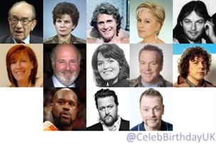 Thumbnail pictures of 
Alan Greenspan - American economist, former Federal Reserve chairman.
Valentina Tereshkova - Soviet cosmonaut.
Ben Murphy - American actor.
Kiri Te Kanawa - New Zealander opera singer.
David Gilmour - British musician.
Kiki Dee - British singer.
Rob Reiner - American actor, comedian, and film producer.
Judy Loe - English actress.
Tom Arnold - American actor and comedian.
Alan Davies - British comedian and actor.
Shaquille O'Neal - American basketball player.
Guy Garvey - British musician (Elbow).
Rufus Hound - British comedian.