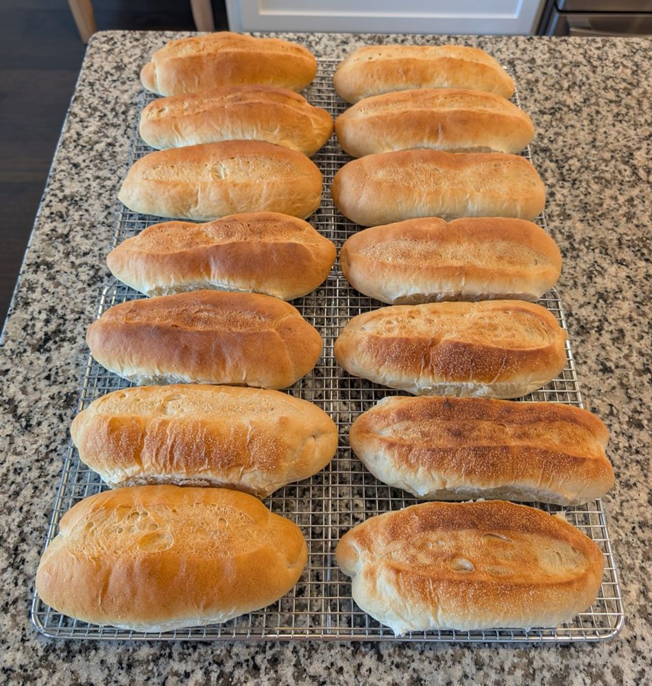 Two rows of homemade cuban rolls on a metal grate, and they look great