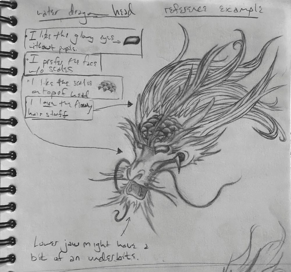 A sketchbook with a a pencil drawing of a Japanese dragon's head. There are some weird notations like, "lower jaw might have an under ite"