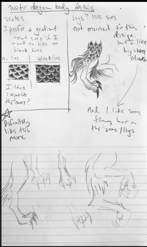 A sketchbook page of different scale patterns, dragon feet, hair, and claws