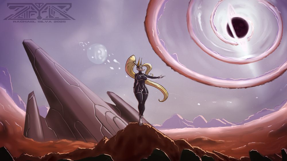 Zafyr stands alone on a ruinous realm of space. In the distance, an apparition of space and time - a black hole, consumes this region in its entirety; neither light nor dark escape its pull and all things before it unravel like string. The electro-magnetic circuits and systems in her own body feel like they're slowly coming undone even as she stands before all she sees, body, mind, and the 'spark' that made her alive all feeling as though they are eroding, distorting, becoming pulled and torn apart by the very pull of this black hole. And all the same, perhaps this black hole is not merely some force of nature; perhaps itself is its own living entity with nothing but malice at it's core for all things around it. 