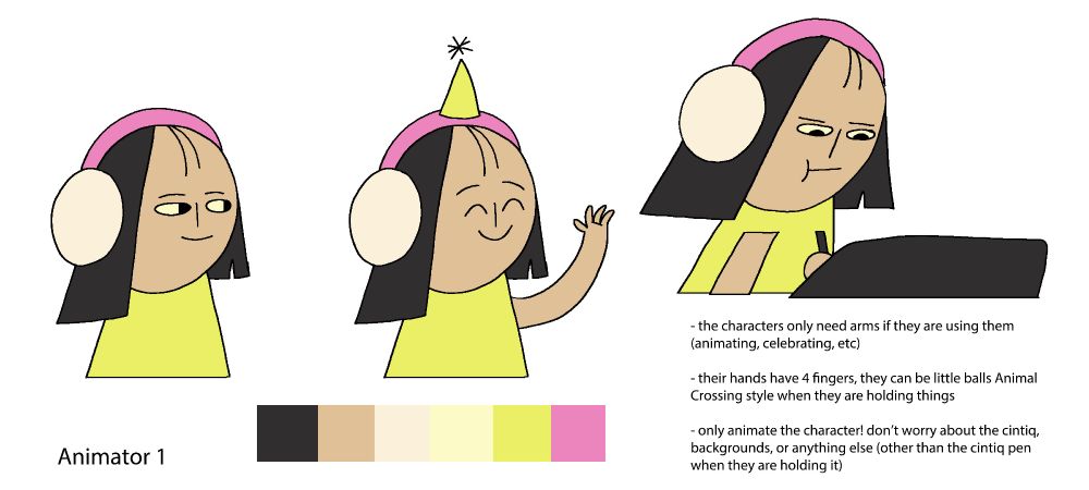 A female-presenting cartoon character with tan skin, shown from the waist up. She has a lime-green shirt, and is wearing headphones, and in one pose she has a party hat. Below her is a colour chart showing squares of black, brown, tan, pale yellow, lime-green, and pink. 
Notes from the director read: "The characters only need arms if they are using them (animating, celebrating, etc)." And: "Their hands have 4 fingers, they can be little balls Animal Crossing style when they are holding things."; And: "Only animate the character! don't worry about the cintiq, backgrounds, or anything else (other than the cintiq pen when they are holding it)."