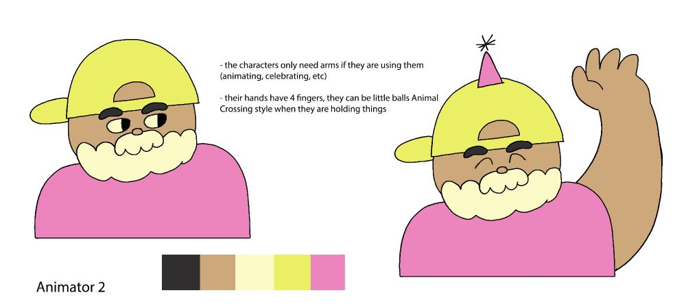 A bearded male-presenting cartoon character shown from the waist up. He is burly, with brown skin, and his beard is perhaps white to suggest he is older. He has a pink shirt, and is wearing a lime-green backwards baseball cap, and in one pose he has a party hat. Below him is a colour chart showing black, brown, pale yellow, lime-green, and pink. 
Notes from the director read: "The characters only need arms if they are using them (animating, celebrating, etc)." And: "Their hands have 4 fingers, they can be little balls Animal Crossing style when they are holding things."