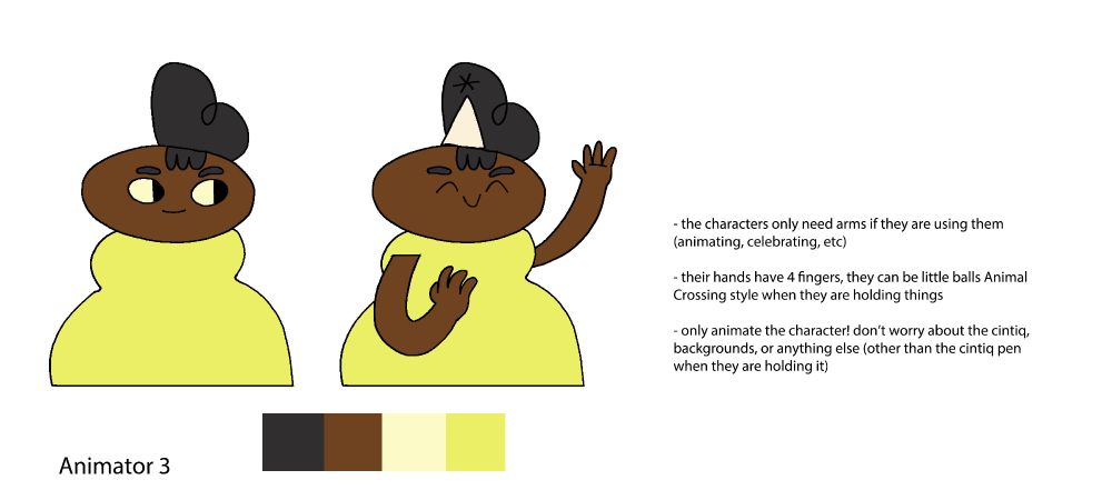A Black female-presenting cartoon character shown from the waist up. She has a lime-green dress, and in one pose she has a party hat. Below her is a colour chart showing squares of black, brown, tan, pale yellow, and lime-green. 
Notes from the director read: "The characters only need arms if they are using them (animating, celebrating, etc)." And: ";Their hands have 4 fingers, they can be little balls Animal Crossing style when they are holding things." And: "Only animate the character! don't worry about the cintiq, backgrounds, or anything else (other than the cintiq pen when they are holding it)."